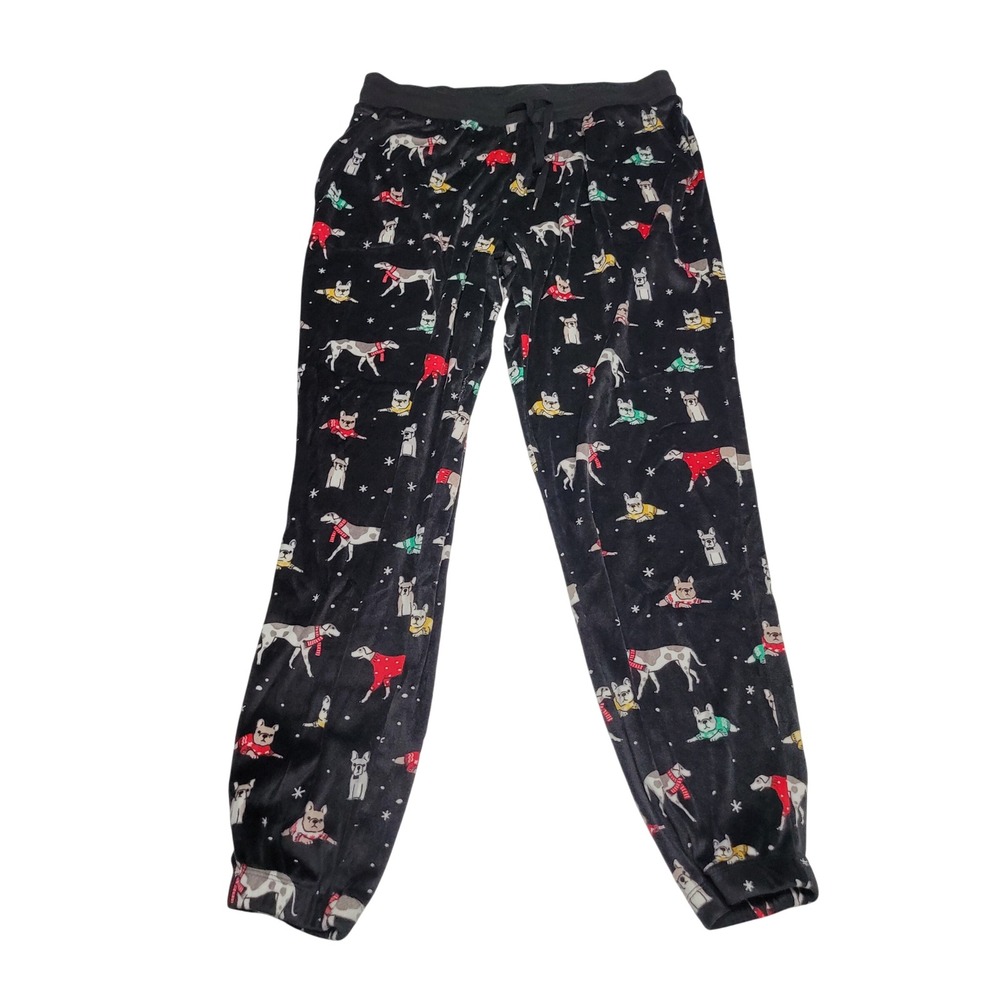 Core Treasures Black Dog Print Velour Pajama Pants Lounge Sleepwear Size M‎